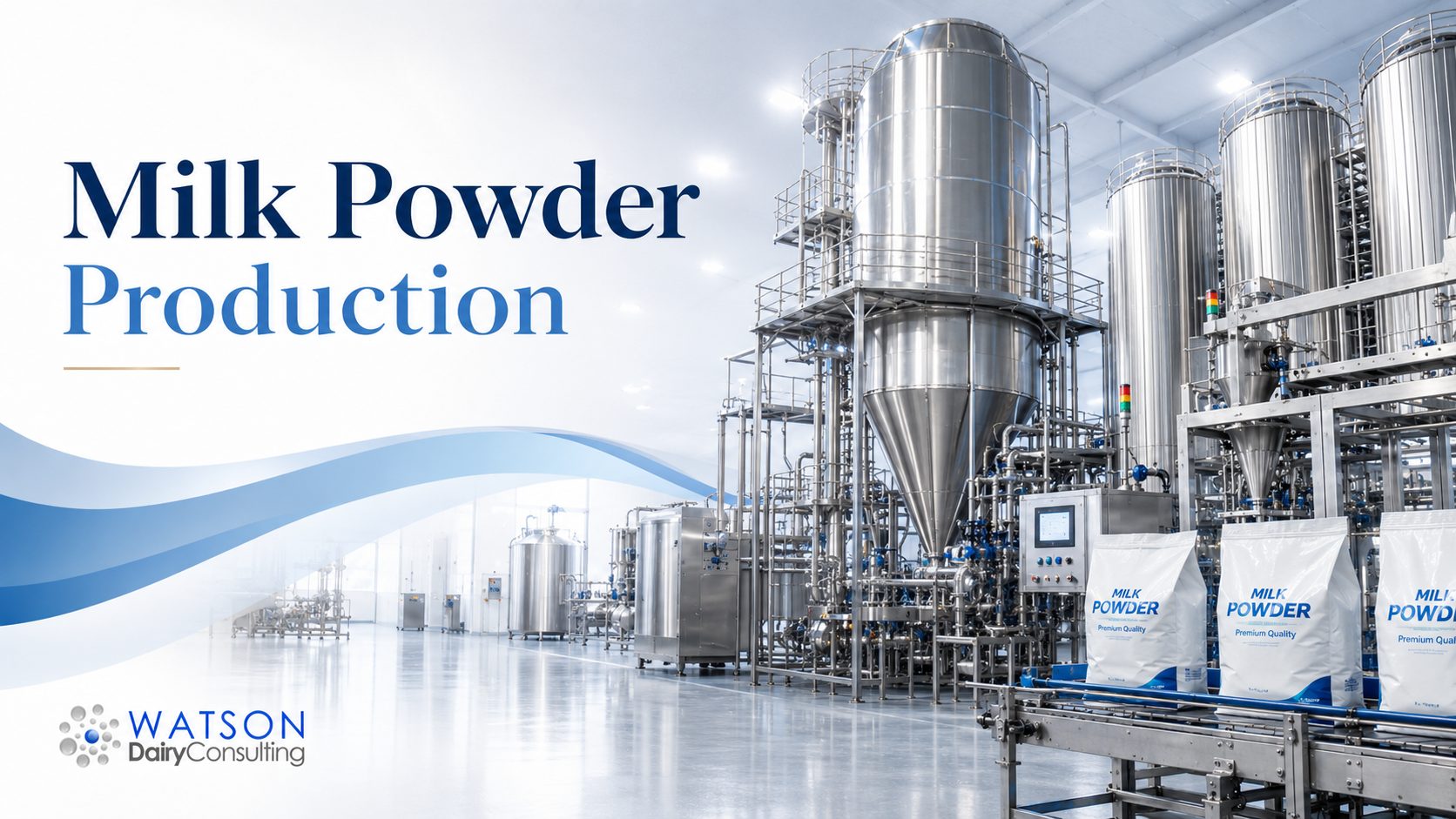 Milk powder production plant showing spray dryer, evaporator and milk powder bagging line - Watson Dairy Consulting