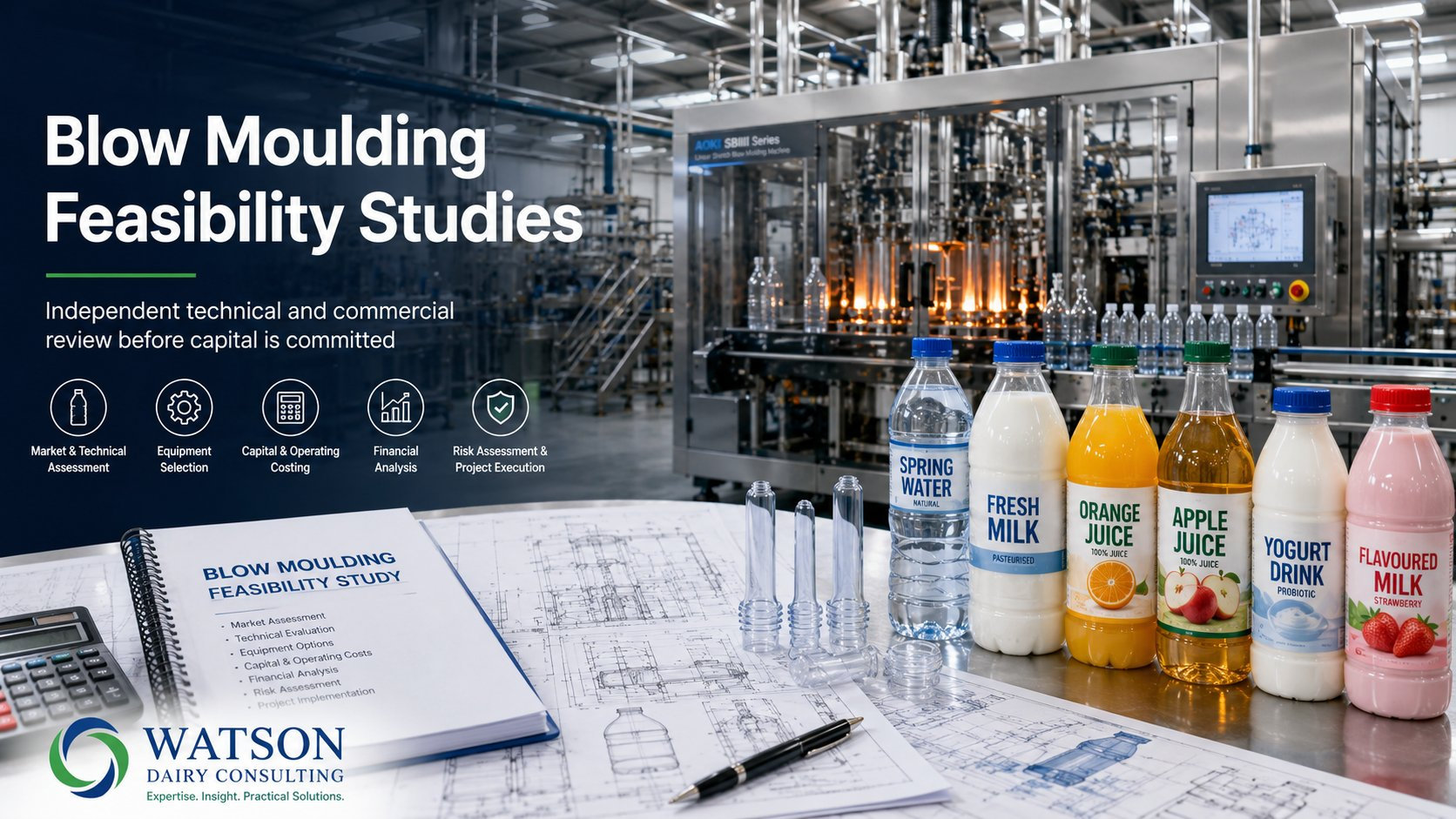 Blow moulding feasibility studies - independent technical and commercial review before capital is committed, showing an AOKI stretch blow moulding machine, PET preforms and finished bottles for spring water, fresh milk, orange juice, apple juice, yogurt drink and flavoured milk alongside a feasibility study report and plant drawings