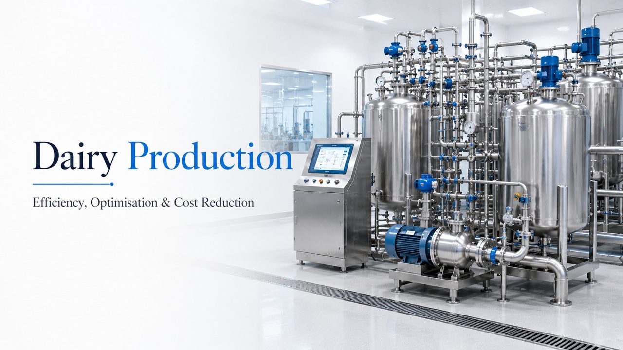 Dairy factory interior with stainless steel pipework and processing equipment - cost reduction and production efficiency reviews