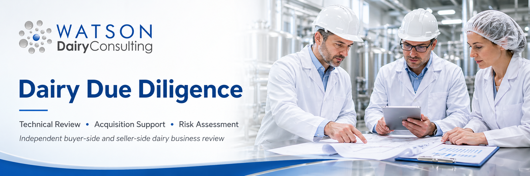 Dairy due diligence banner showing technical review, acquisition support, factory assessment, risk analysis and dairy business evaluation
