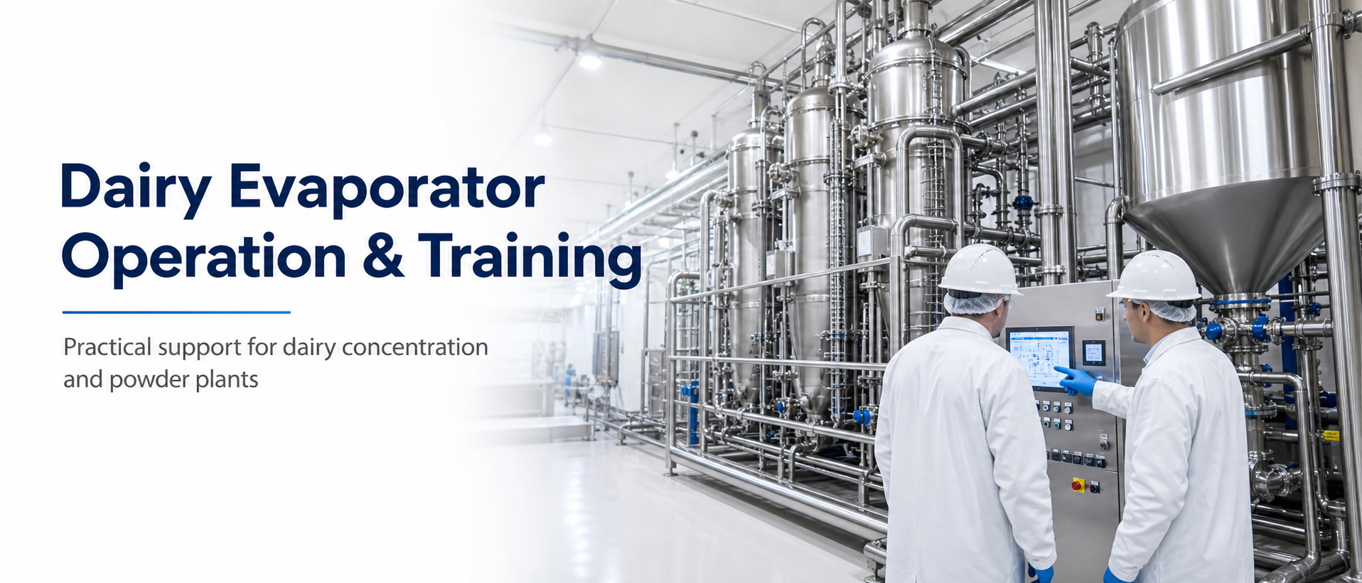 Dairy evaporator operation and operator training banner showing dairy concentration equipment, evaporator control, falling film evaporation and dairy powder plant training