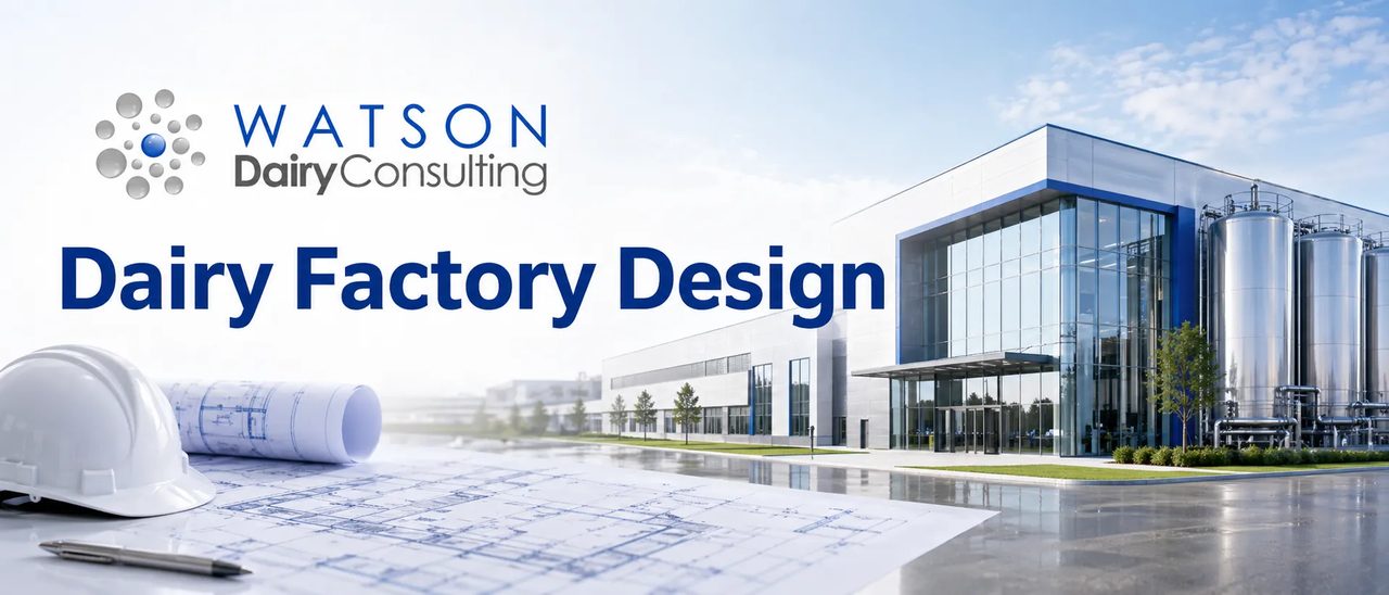 Dairy factory design - exterior view with process silos and hygienic building