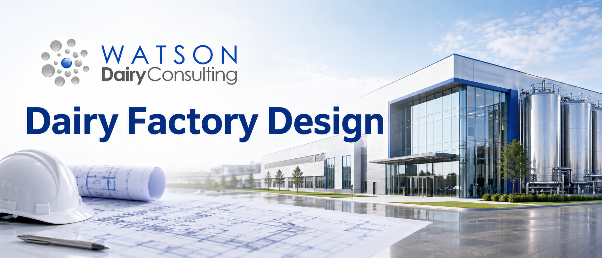 Dairy factory design banner showing a modern dairy factory building, hygienic layout planning, engineering drawings, milk silos, utilities and future expansion planning
