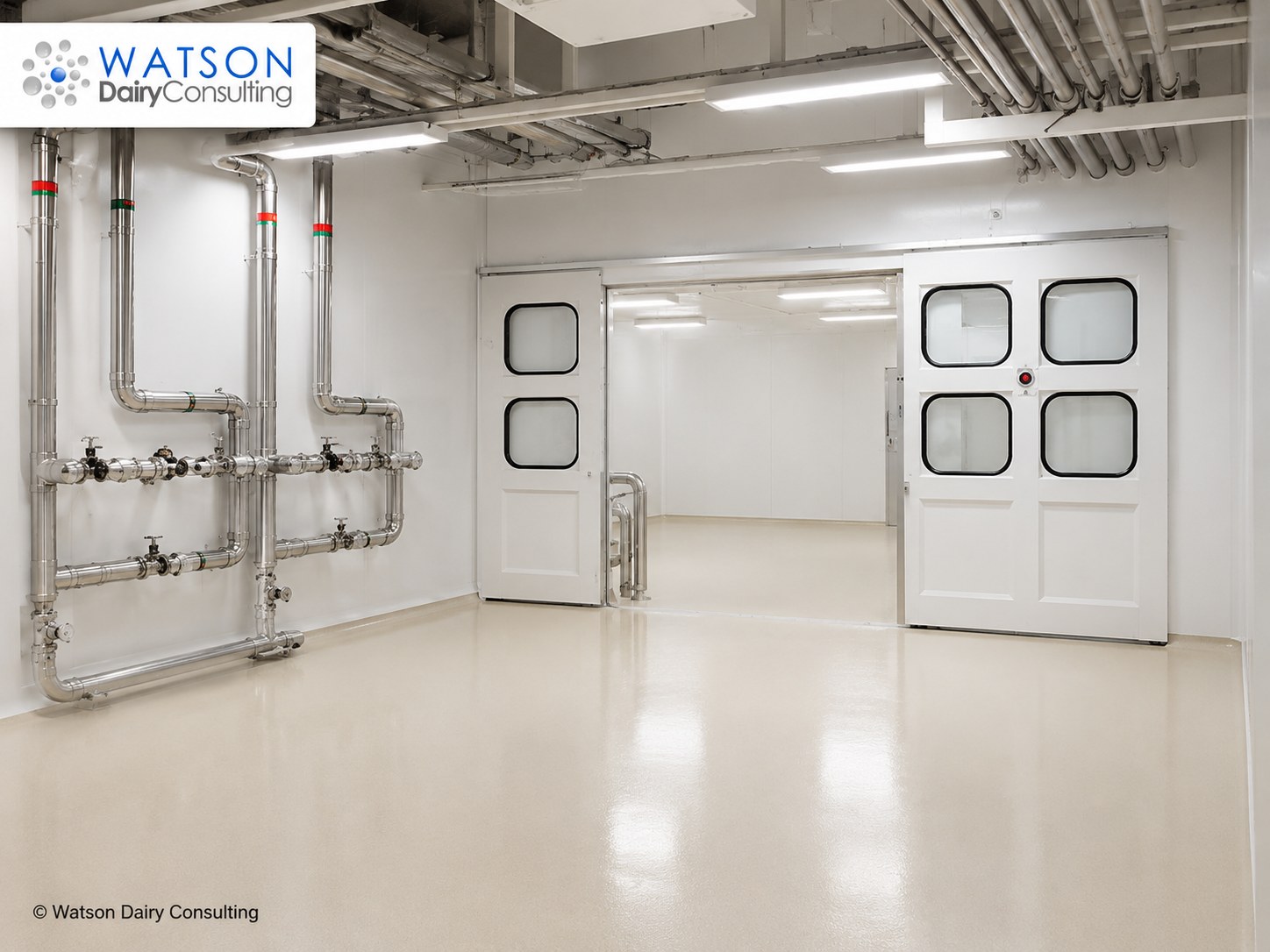 Dairy factory hygienic corridor with coved floor finish and double doors between zones