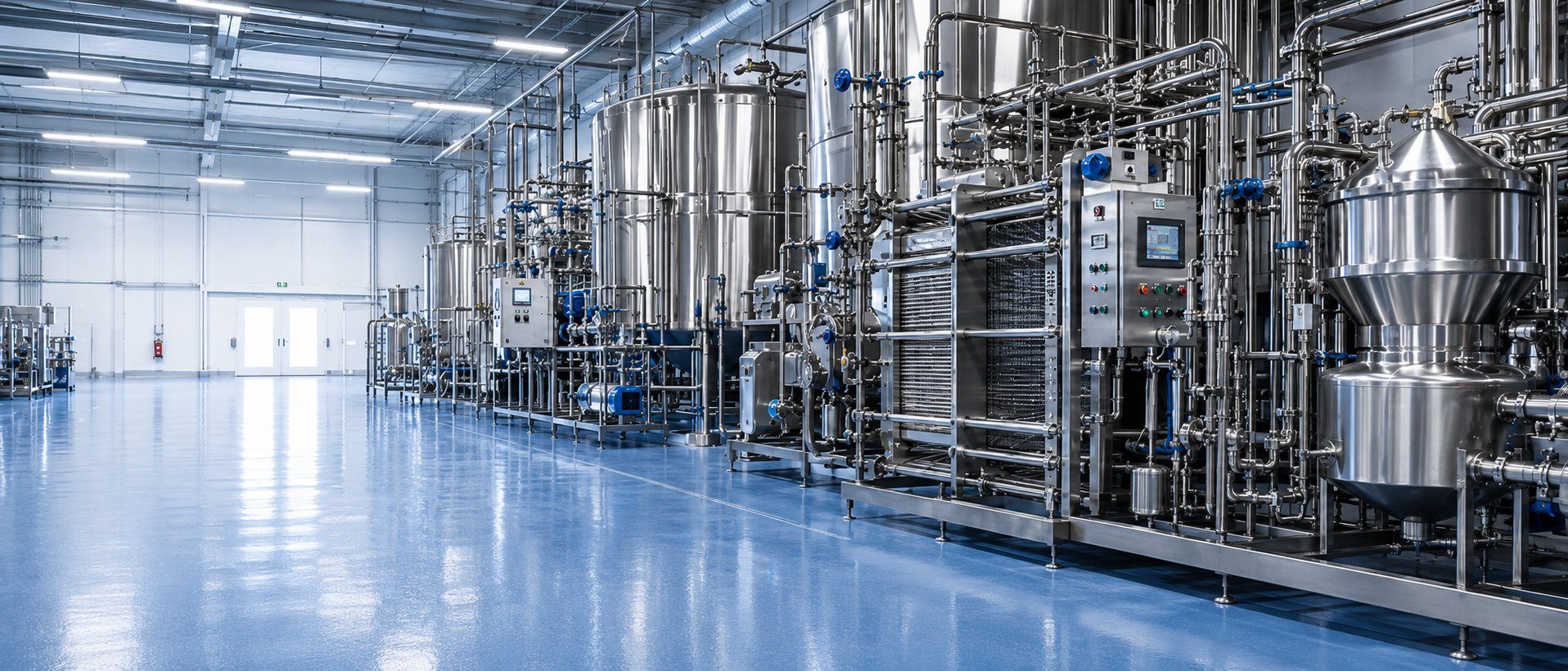 Modern stainless-steel dairy processing plant with tanks, pipework and control systems