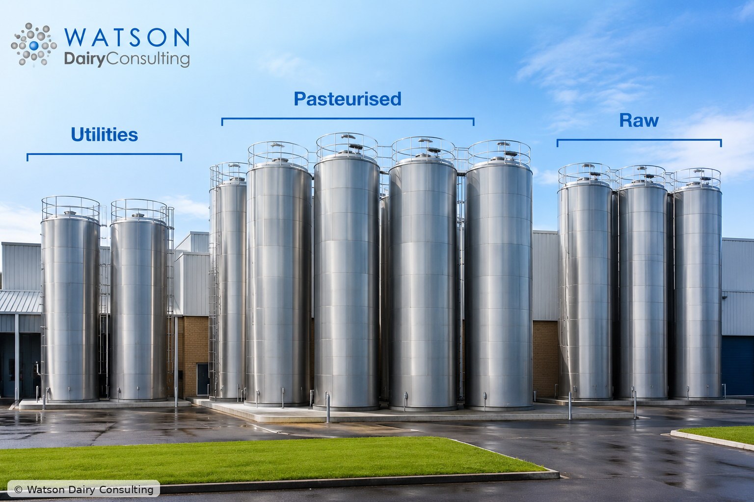Dairy factory silo farm zoned by function - utilities, pasteurised, raw milk storage