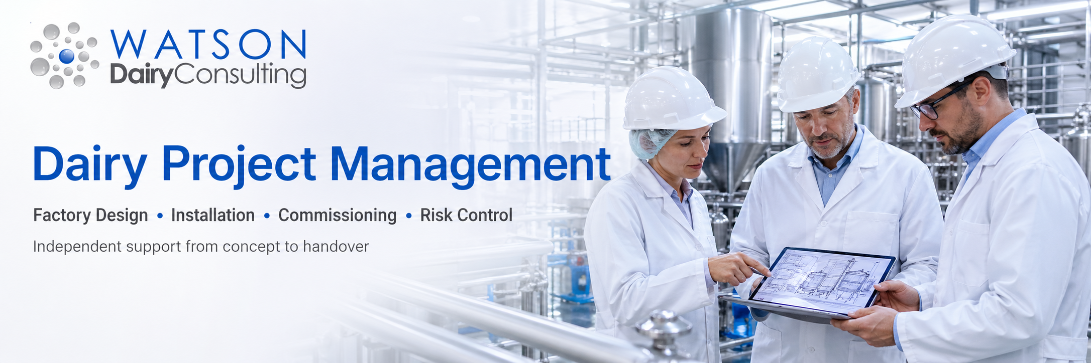 Dairy project management banner showing dairy factory design, installation, commissioning, project planning and risk control