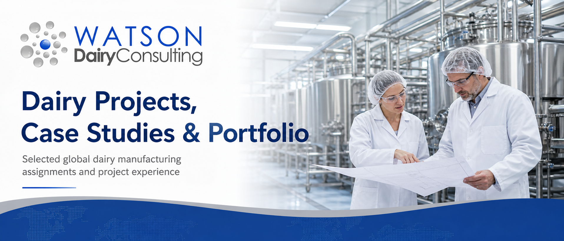 Dairy project portfolio banner showing dairy factory projects, technical due diligence, factory design and dairy manufacturing advisory work