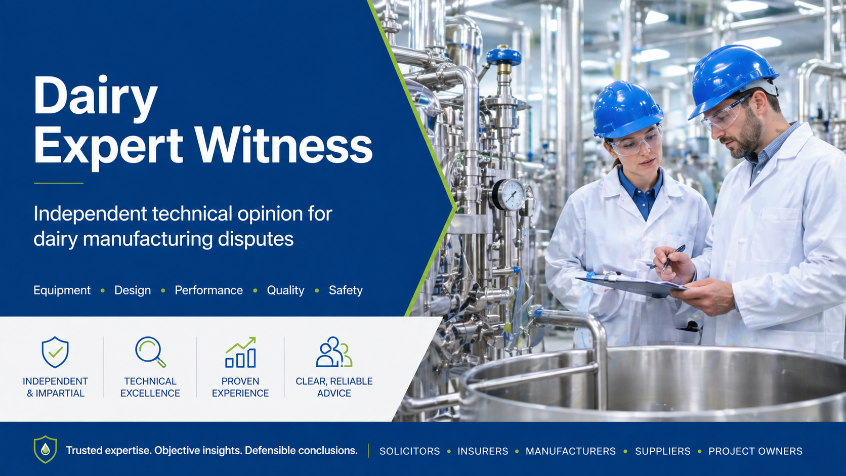 Dairy expert witness services for dairy equipment, factory design, process failure, quality systems and manufacturing disputes