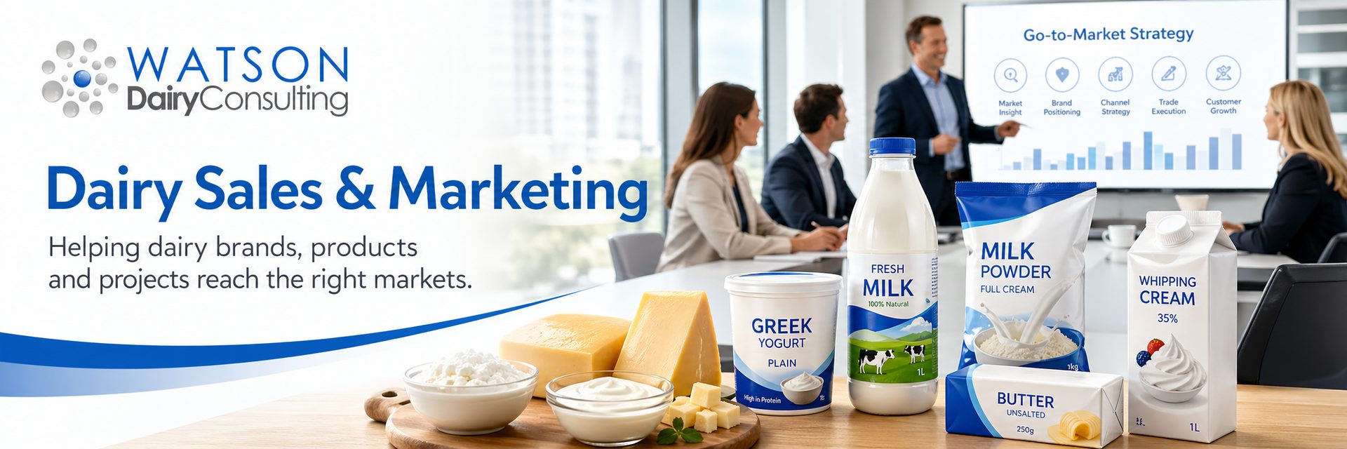 Dairy sales and marketing banner showing dairy products, go-to-market strategy, product launch planning and commercial dairy brand support