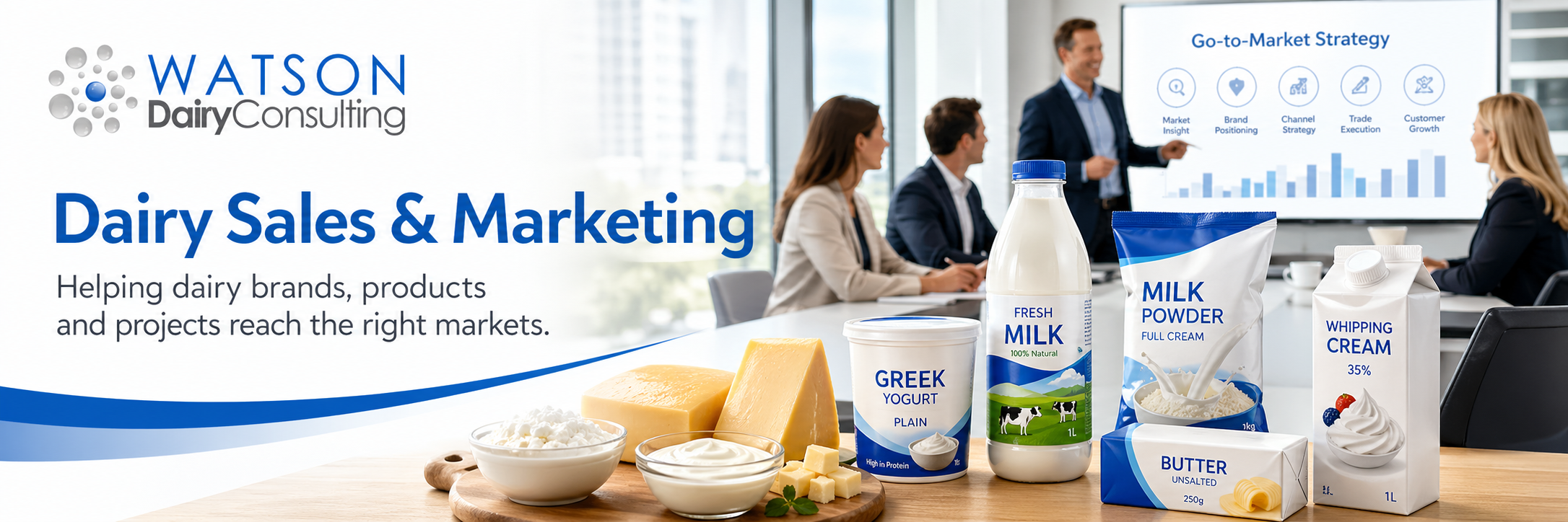 Dairy sales and marketing banner showing dairy products, go-to-market strategy, product launch planning and commercial dairy brand support