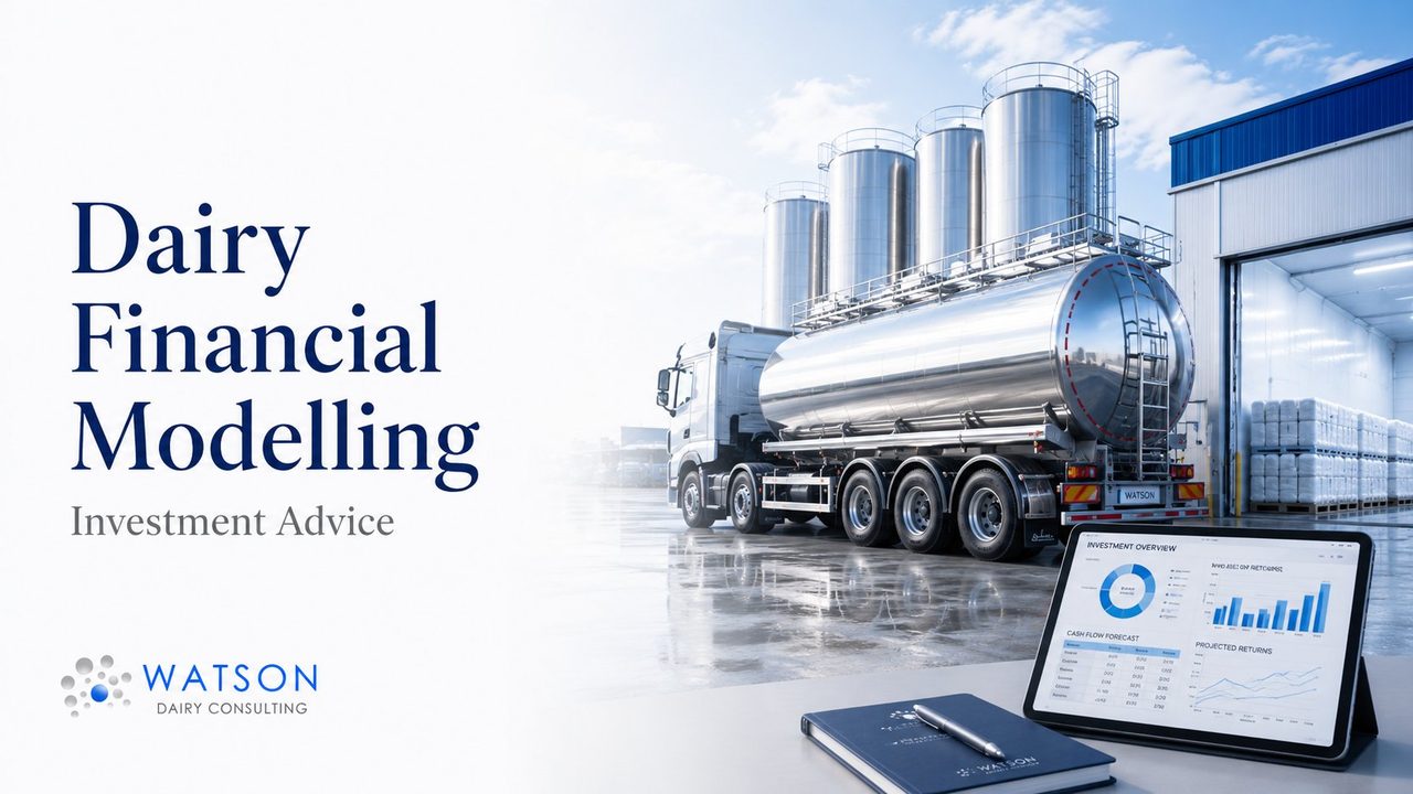 Dairy plant with bulk milk tanker and investment overview dashboard - independent dairy investment advisory and technical due diligence