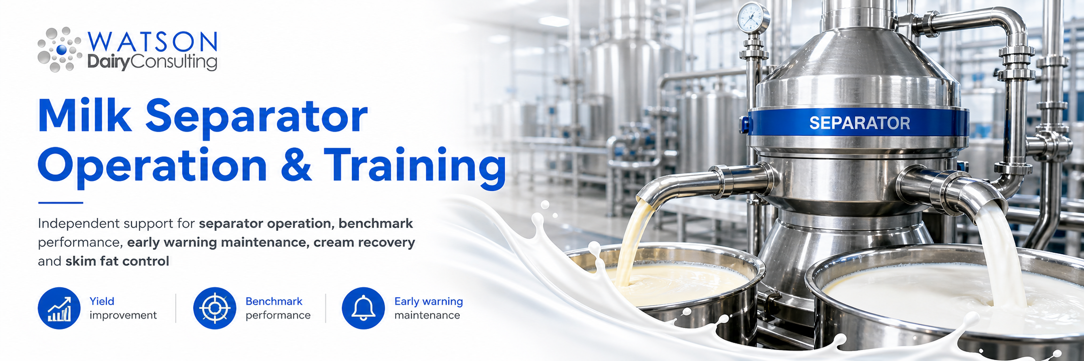 Milk separator operation, benchmark performance, early warning maintenance, cream recovery and skim fat control