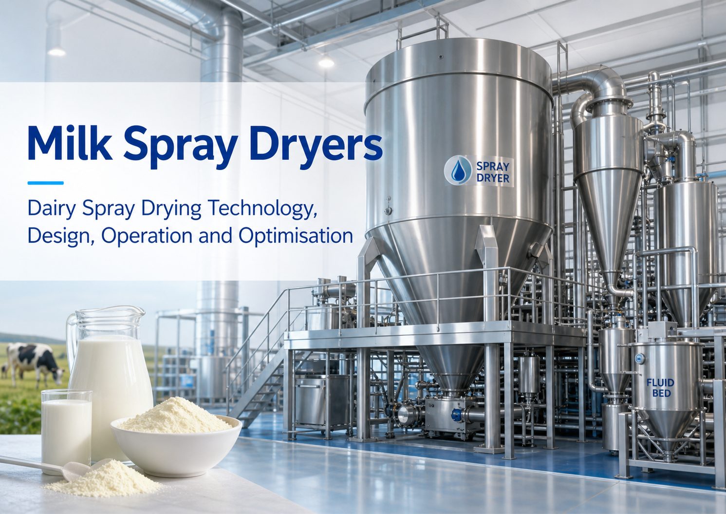 Milk spray dryer and dairy powder production plant with stainless spray drying chamber, fluid bed, milk powder and dairy operator training context