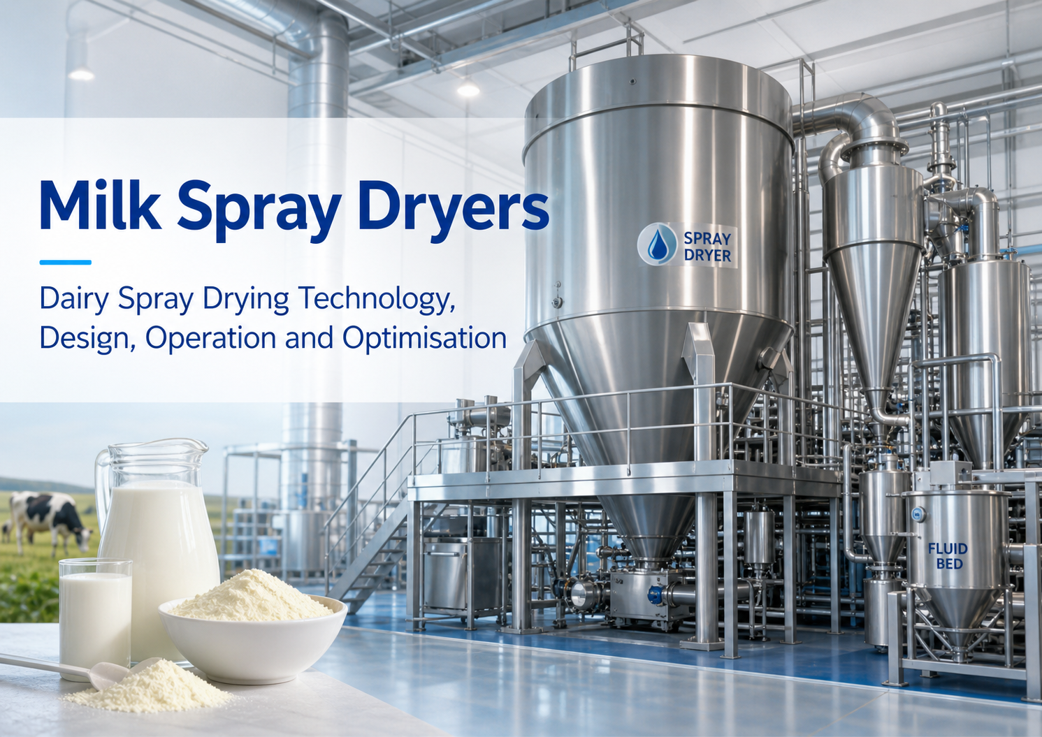 Milk spray dryer and dairy powder production plant with stainless spray drying chamber, fluid bed, milk powder and dairy operator training context
