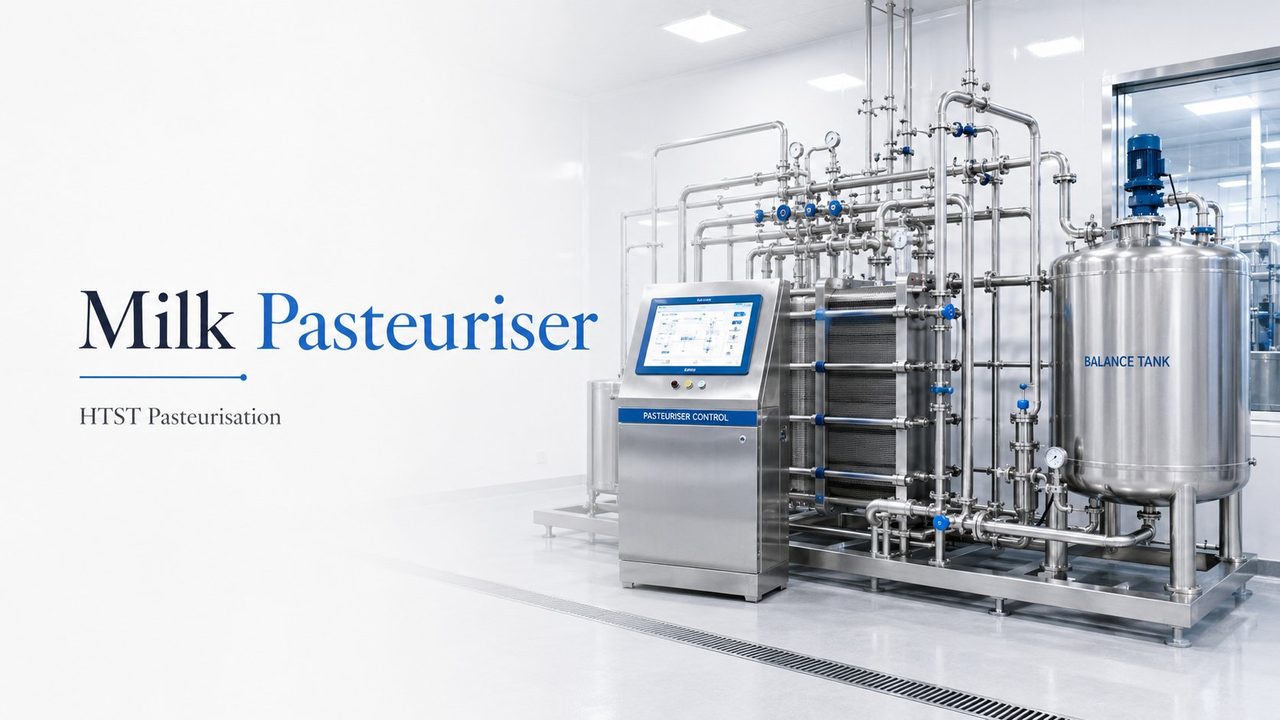 HTST milk pasteuriser with plate heat exchanger, control panel, balance tank and stainless-steel pipework