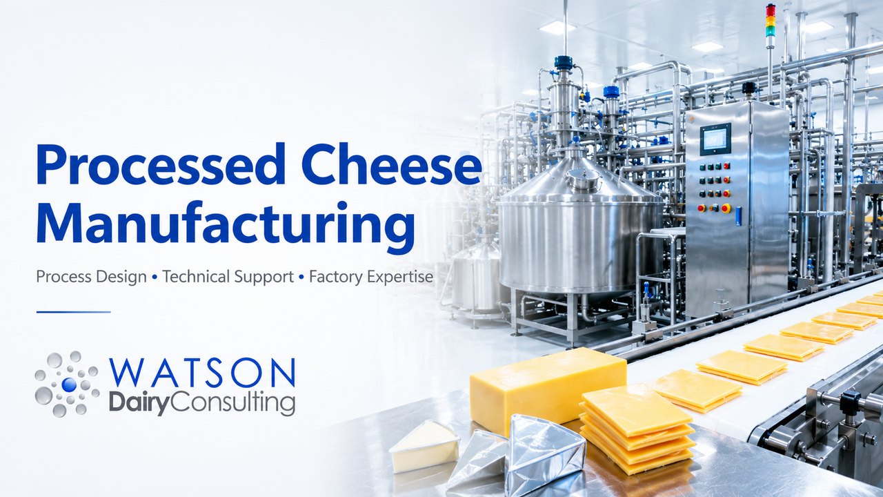 Processed cheese manufacturing line - cheese slices on a conveyor, a block of cheese and foil-wrapped triangles, with a stainless-steel processing plant behind