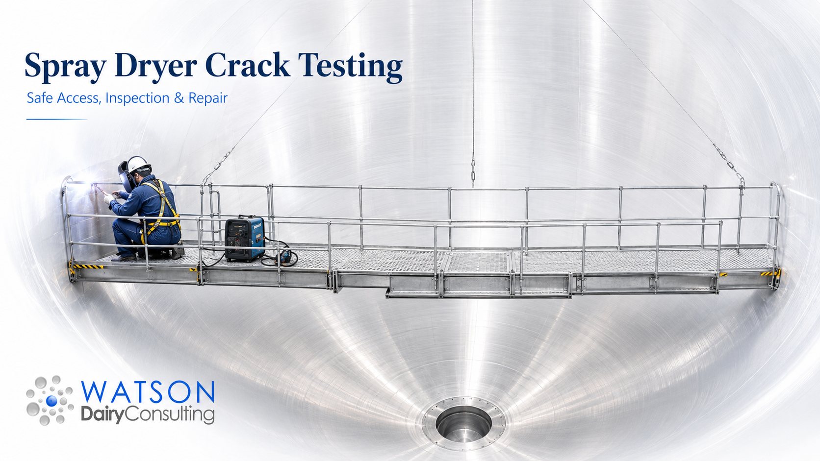 Spray Dryer Crack Testing and Inspection | Watson Dairy Consulting Technician crack testing a stainless steel spray dryer drying chamber from a suspended access platform - weld inspection and NDT integrity assessment