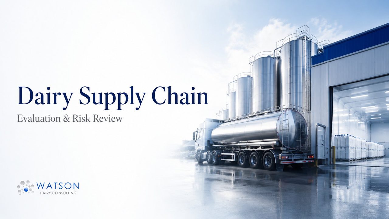 Dairy milk tanker arriving at dairy plant with bulk silos, cold store and packaged dairy products - supply chain evaluation and risk review