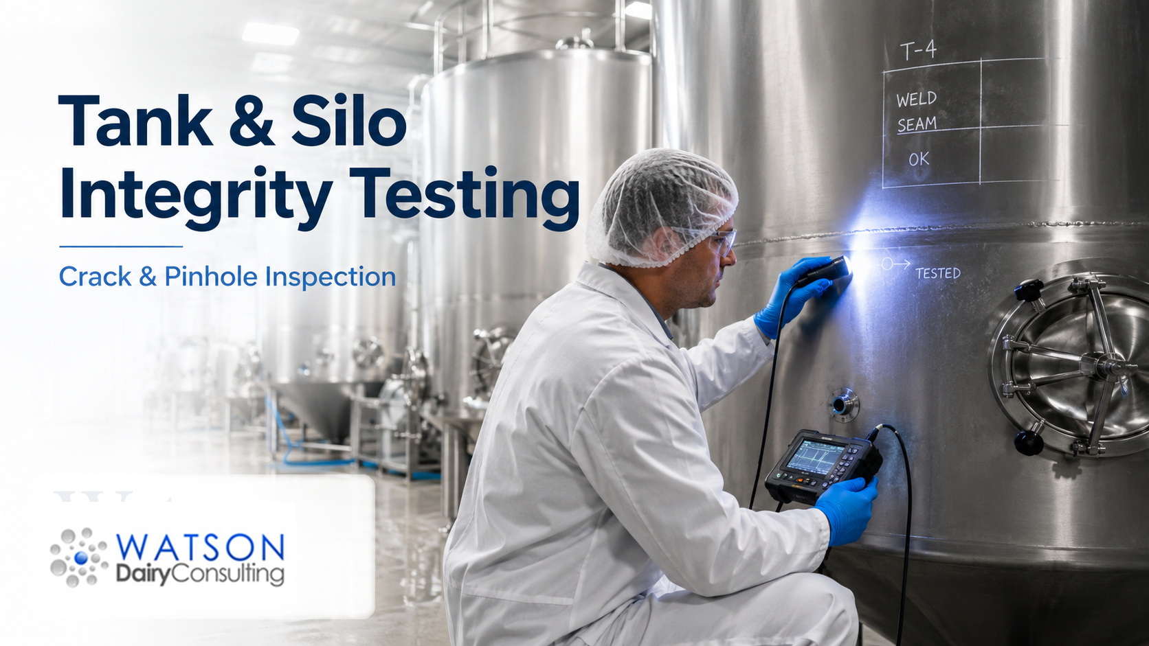Technician carrying out ultrasonic crack and weld inspection on a stainless steel dairy tank - Watson Dairy Consulting tank and silo integrity testing